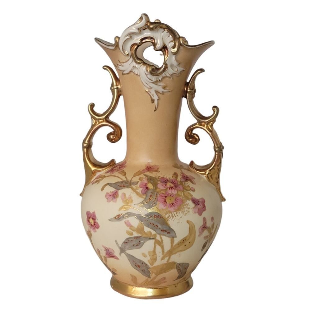 1800S ROBERT HANKE AUSTRIA HAND PAINTED VASE HEAVY‎ GOLD ACCENT 10"X6"